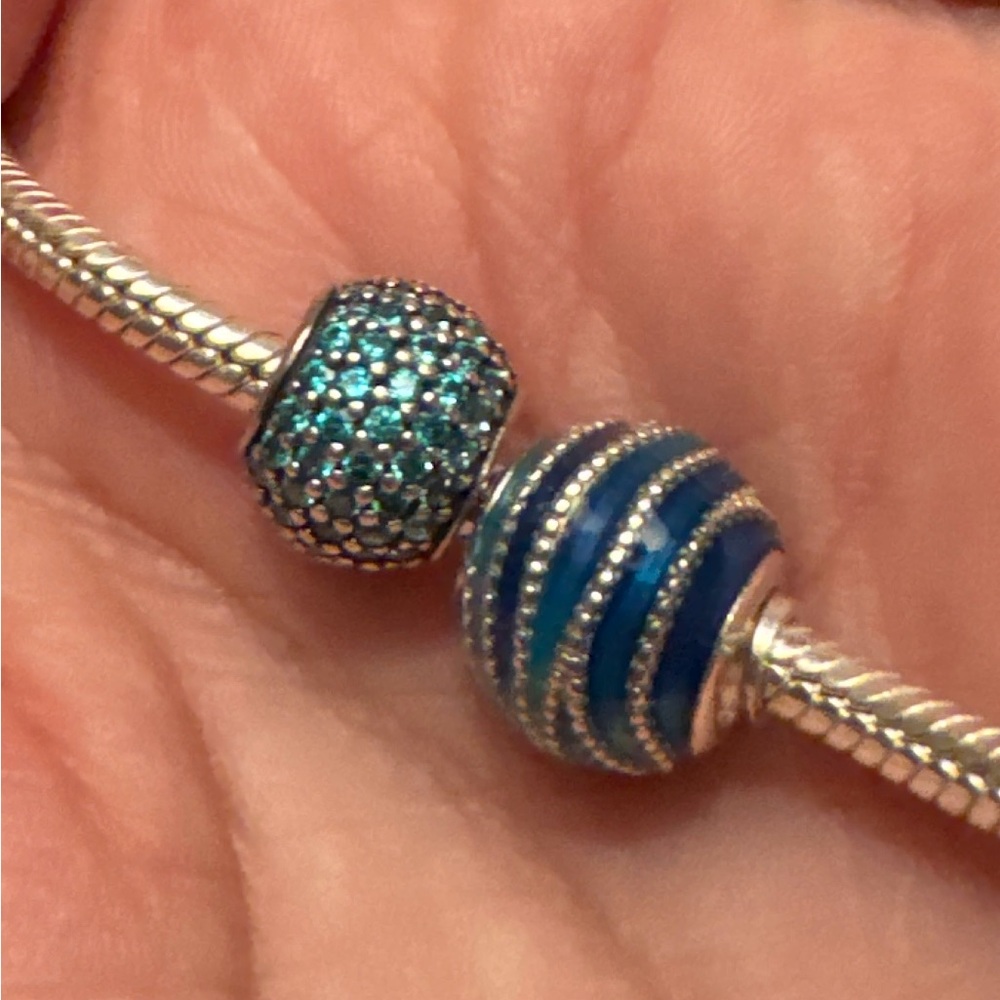 Pandora Bundle: Teal Pavé Spacer/Blue Teal Striped Murano Glass Sterling Silver